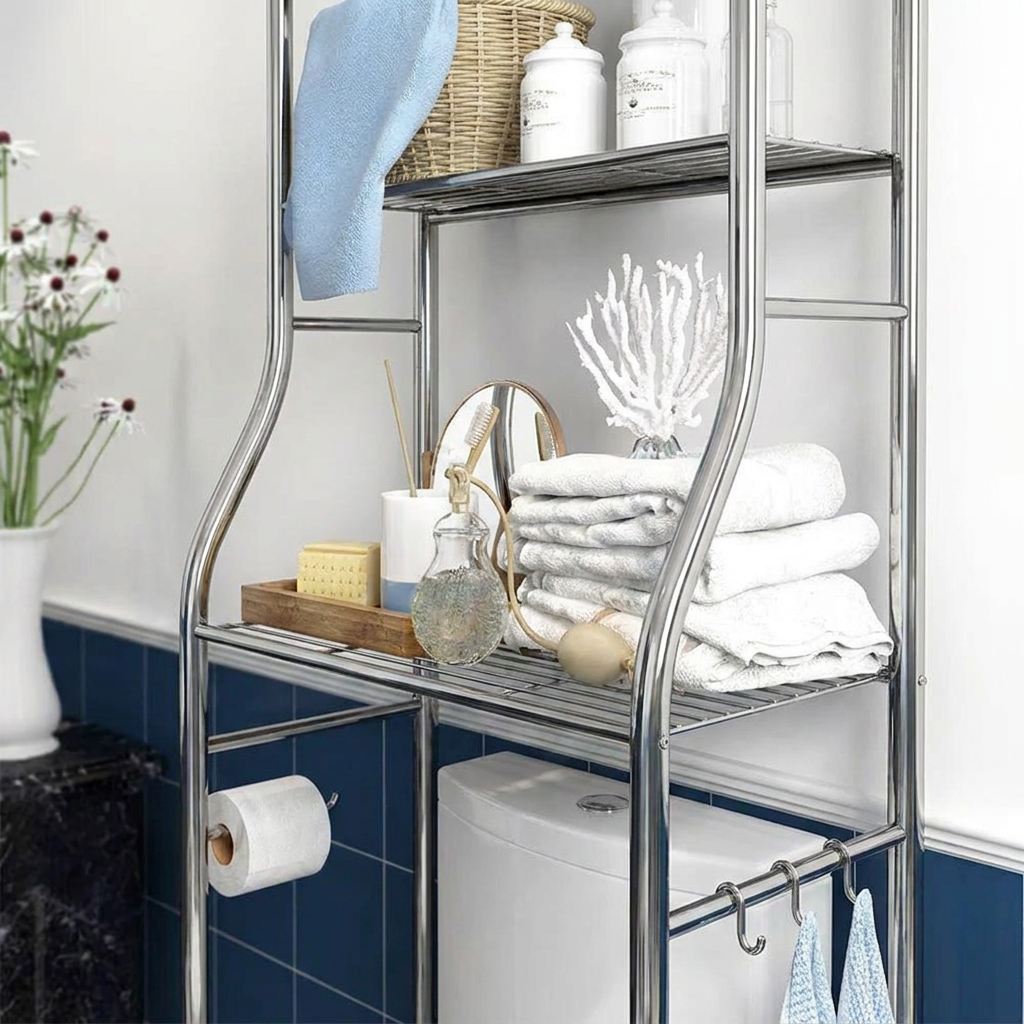 Close-up of metal bathroom shelf tier construction and paper holder