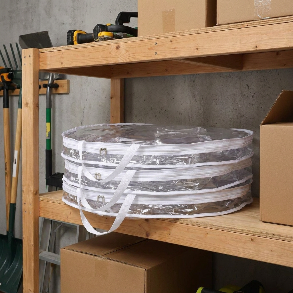 Three wreath storage bags stacked flat and folded on garage shelf