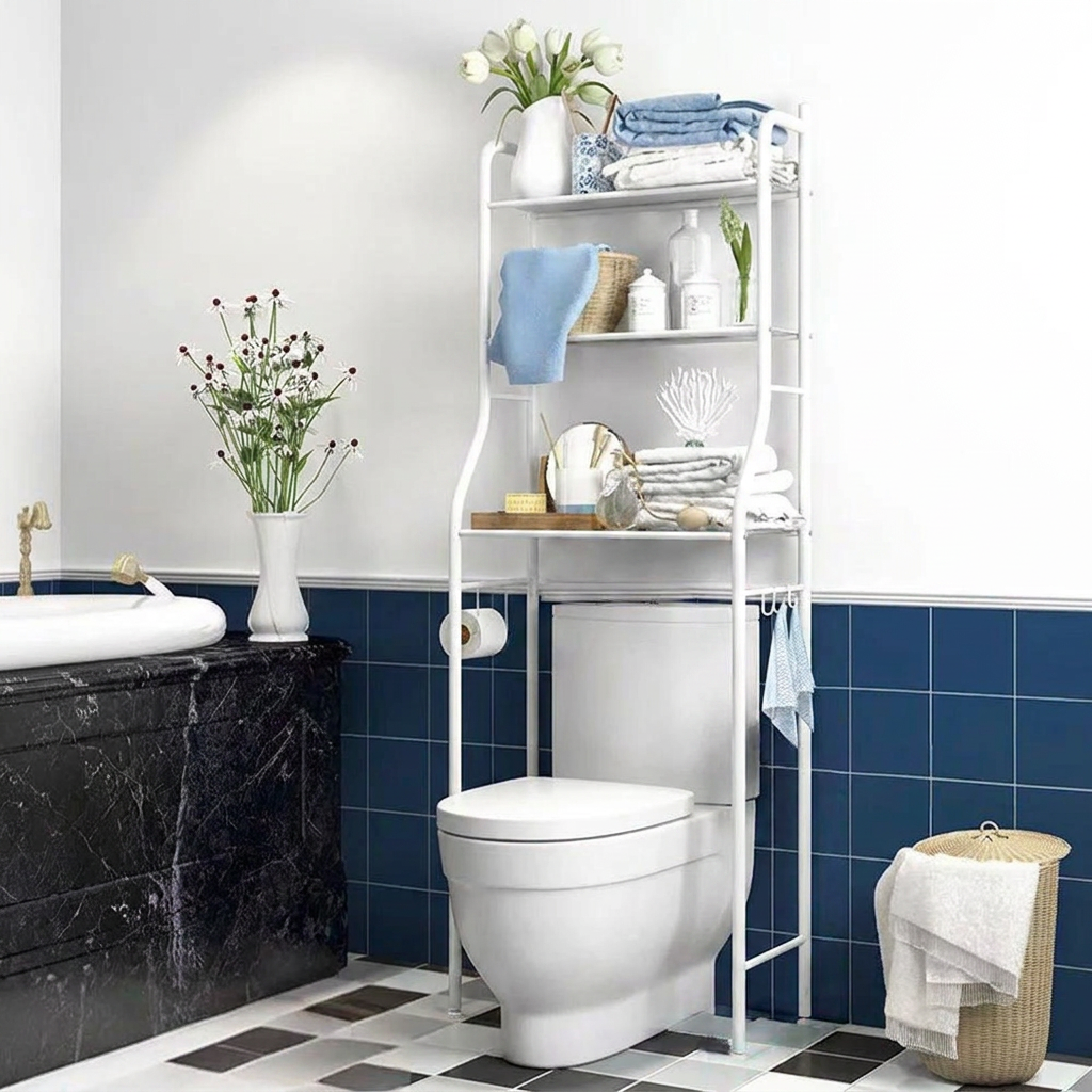 White iron over the toilet storage shelf in a bright bathroom
