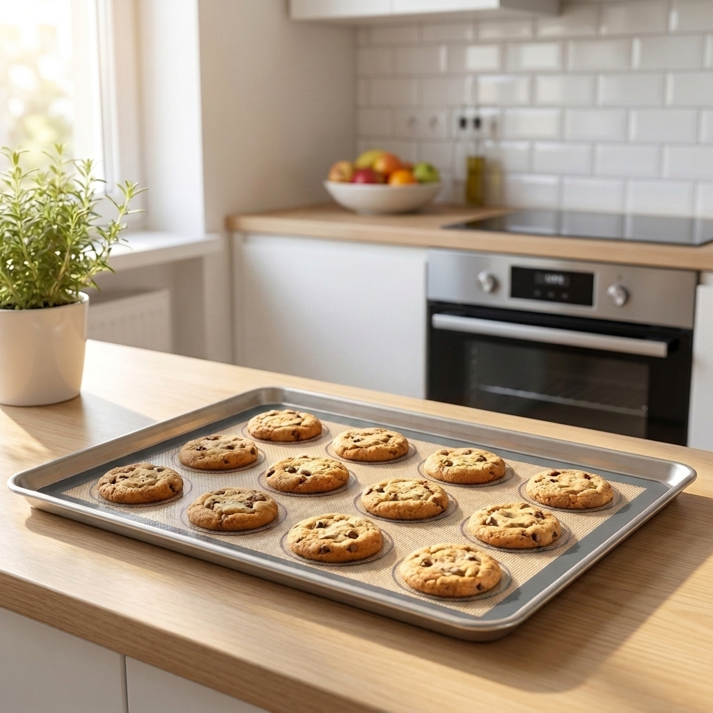 Grey silicone baking mat with fresh-baked cookies cooling on it