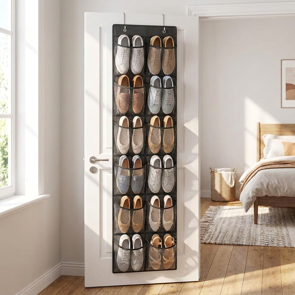 Black over the door shoe organizer hanging on a bedroom door filled with shoes
