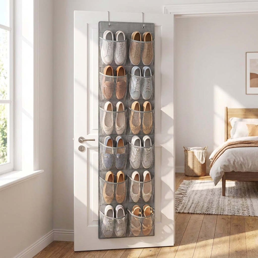 Gray over the door shoe organizer hanging on a bedroom door filled with shoes