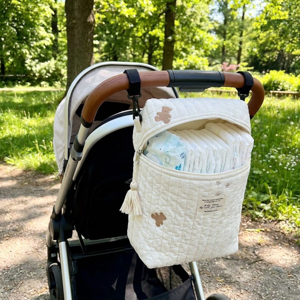 Diaper caddy organizer clipped onto a stroller filled with diapers and wipes