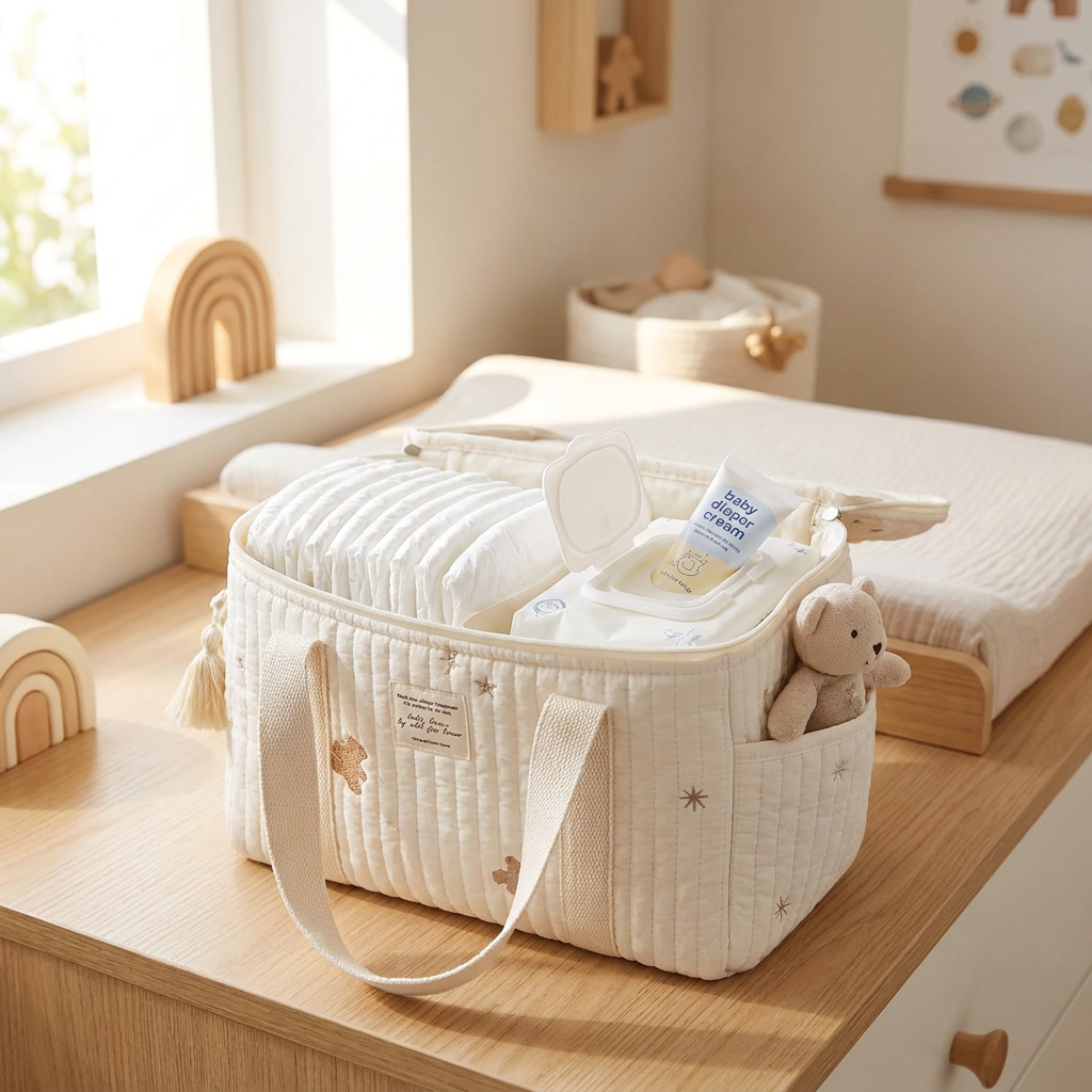 Diaper caddy organizer open on changing table with items organized inside