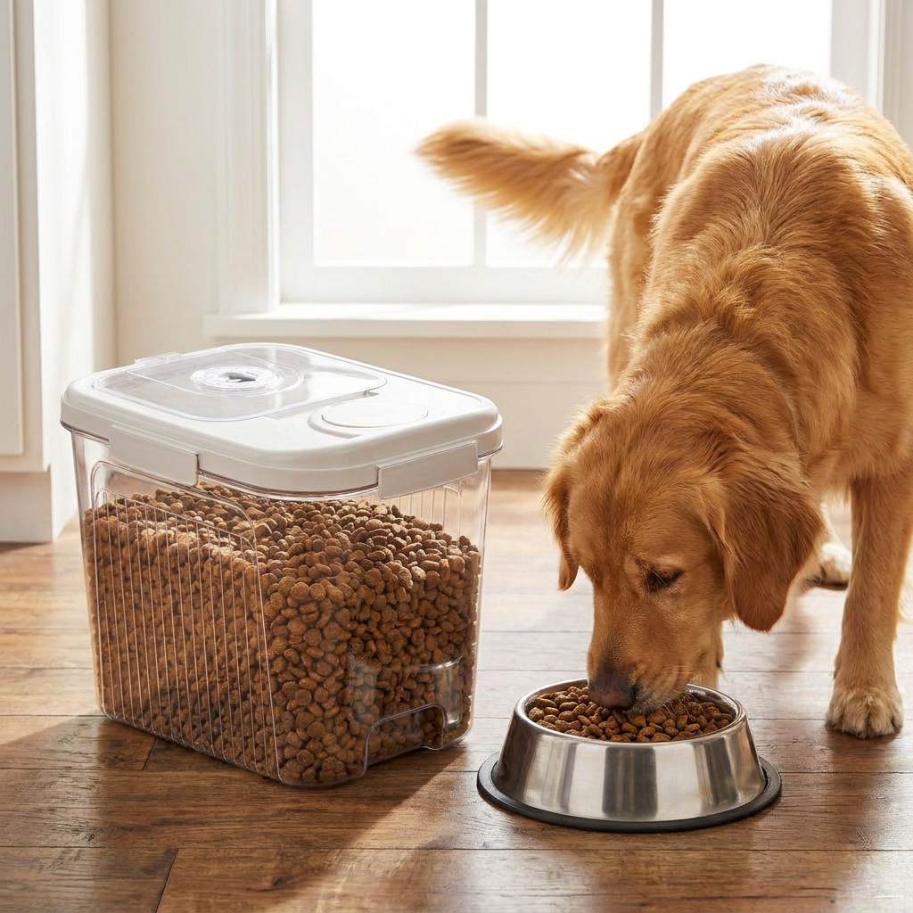 Airtight pet food storage container on kitchen floor next to a dog bowl