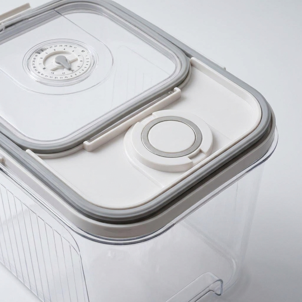 Close-up of pet food container magnetic lid and silicone seal detail