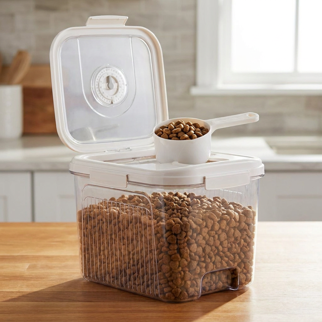Pet food container open with measuring cup scooping kibble on counter