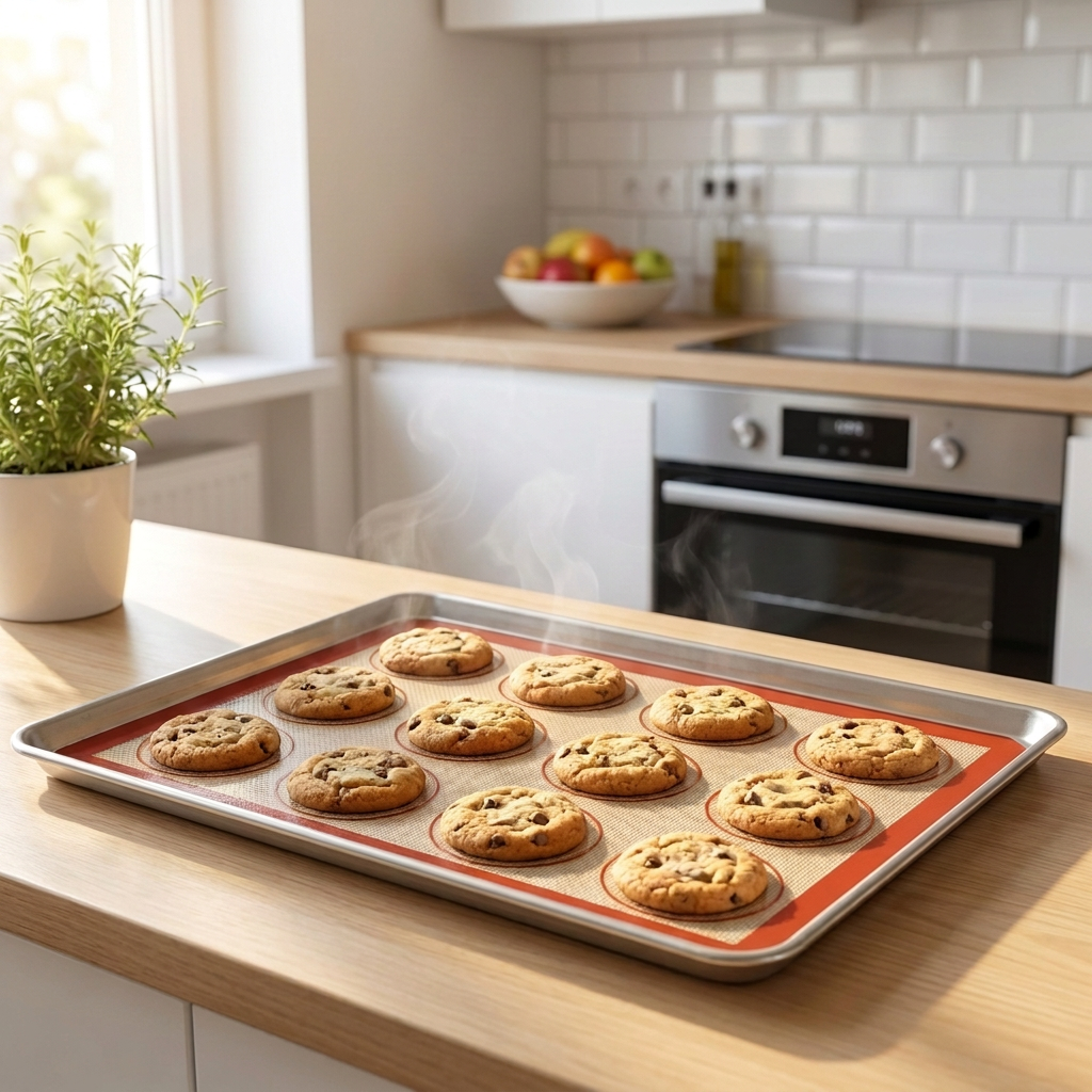 Red silicone baking mat with fresh-baked cookies cooling on it
