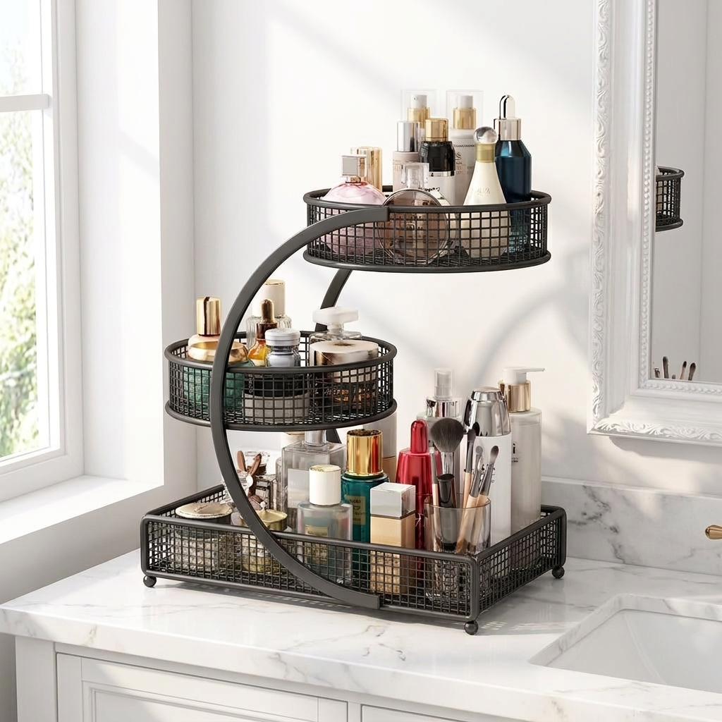 Black metal makeup organizer on bathroom vanity filled with skincare and cosmetics