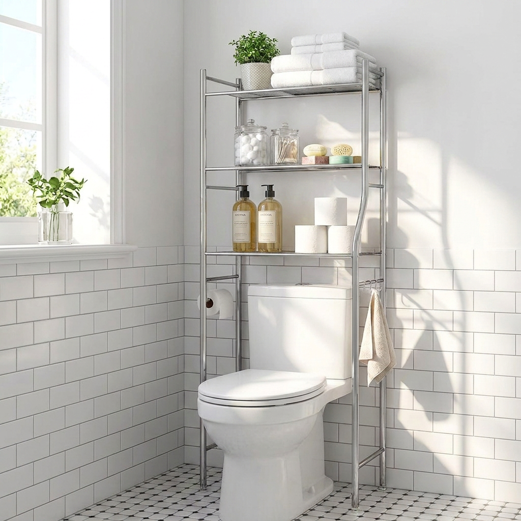 2-tier stainless steel over the toilet storage shelf in a small bathroom