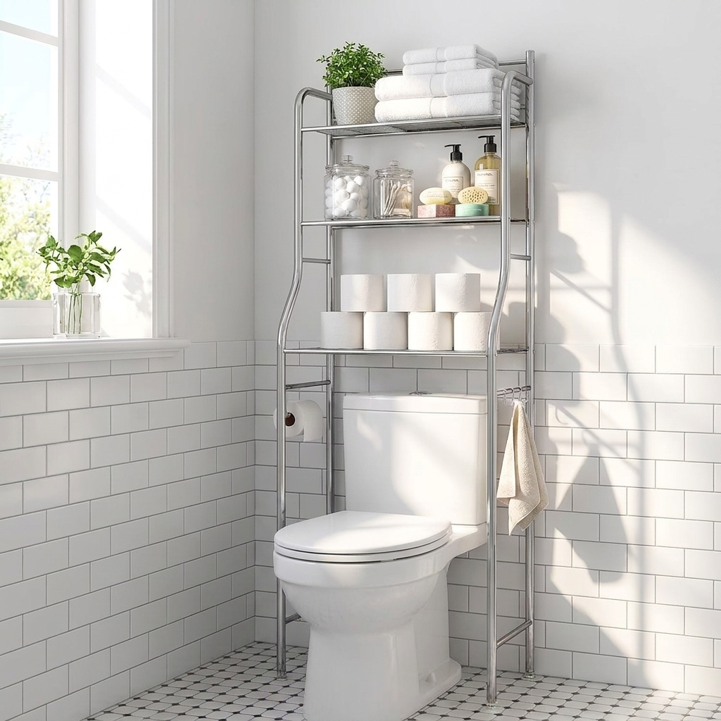 3-tier stainless steel over the toilet storage shelf in a small bathroom