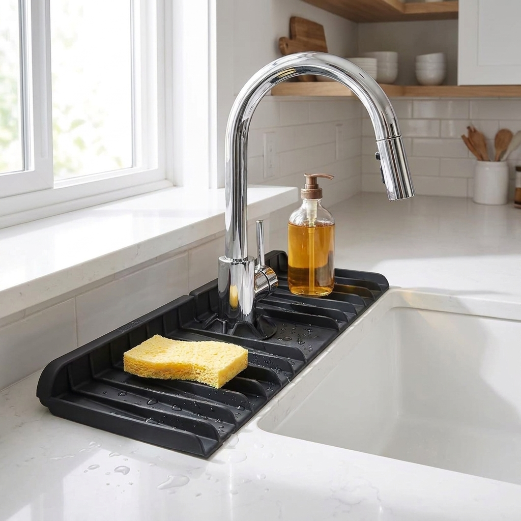 Black silicone sink mat under a kitchen faucet with sponge and dish soap